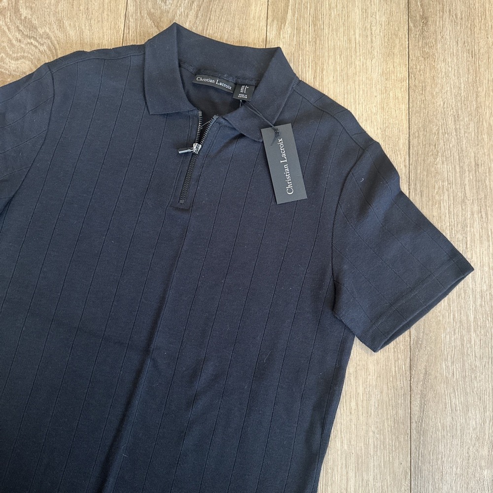 NWT Christian Lacroix Men's Short Sleeve Zip Polo Shirt Ribbed Black Small NWT